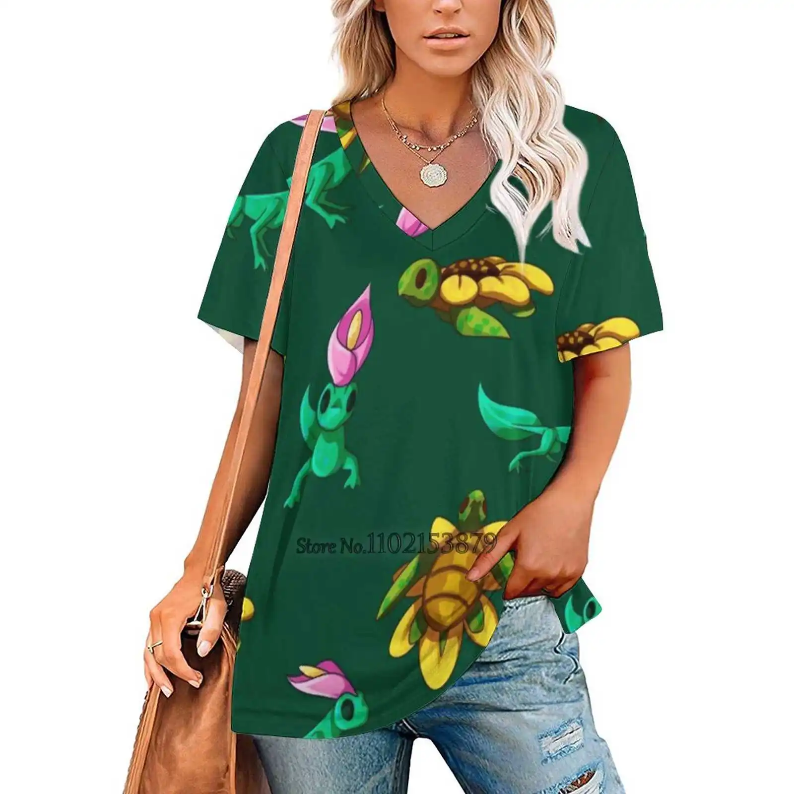 Floral Reptiles Woman Tshirts Printed Tops Zipper V-Neck Top Fashion Graphic T Shirt Flower Lily Sunflower Lizard Turtle Cute