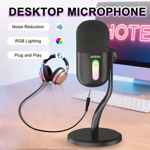 Aveek USB Condenser Microphone, Gaming Studio Microphone Mic For PC, PS4, PS5 And Mac, Tap-to-Mute Sensor, Noise Cancelling RGB
