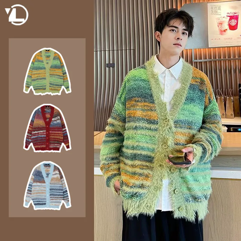 Spring Mens High Street Knitted Cardigan Japanese Street Stripe Gradient Sweater Jacket Loose V-neck Fashion Couple Knit Coats