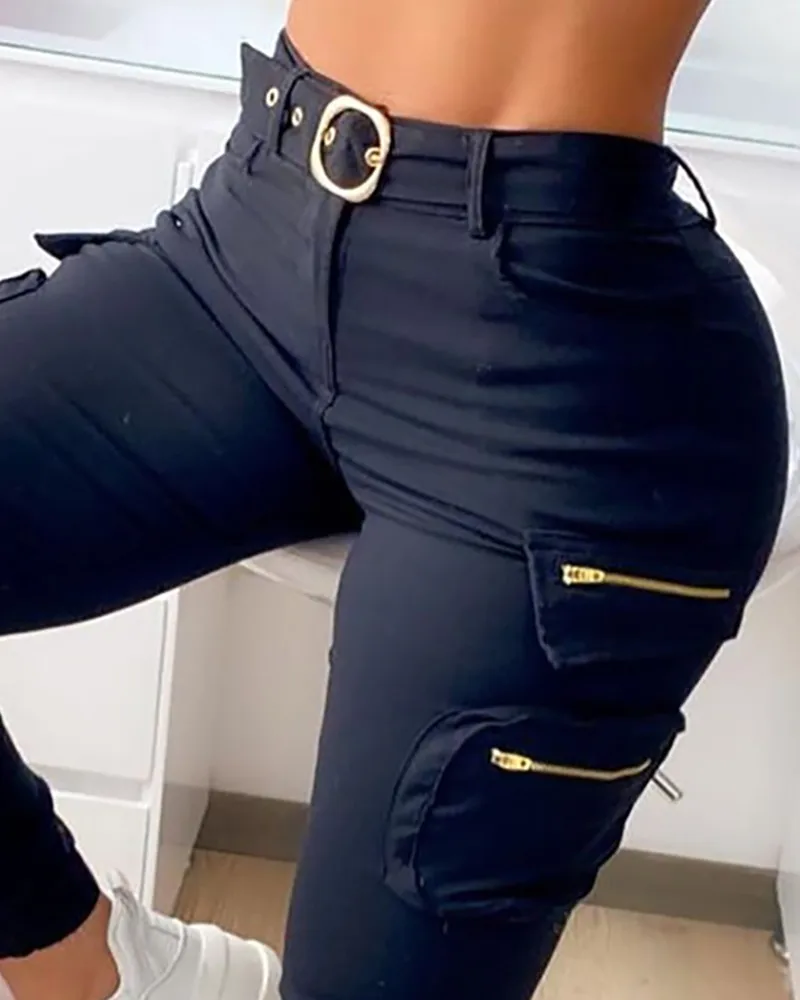 High Waisted Cargo Pants for Women Pencil Trousers Casual Pants Zip Pocket Design Monochromatic Fashion Autumn and Winter 2023