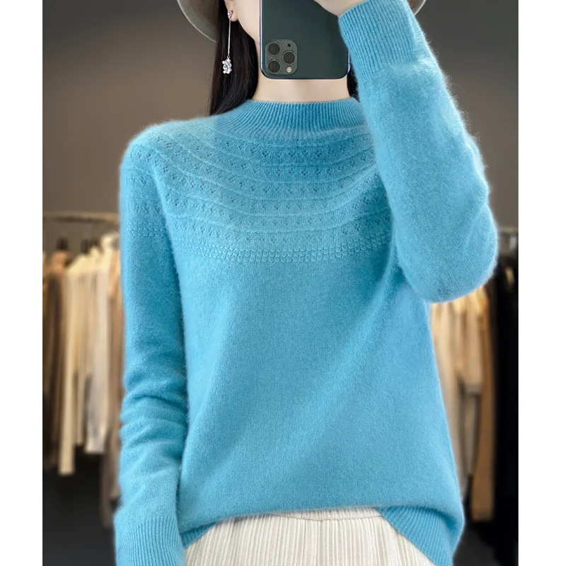 New Cashmere Sweater In Autumn And Winter 100% Pure Wool Women's Semi-High-Necked Knitted Pullover Hollowed-Out Fashion Top