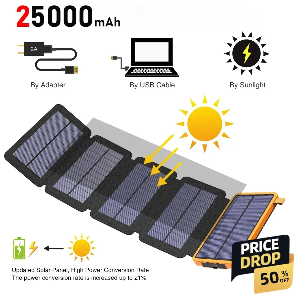 

25000mAh 4 Solar Panels Solar Power Bank Phone External Battery for A Variety of Mobile Phone Devices