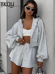 BKQU Casual Tracksuit Women Shorts Suits Hooded Zipper Crop Jacket and Wide Leg Shorts 2 Piece Set Fashion Matching Streetwear