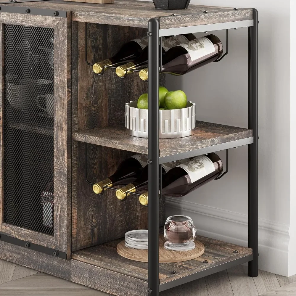 Wine Bar Cabinet – Industrial Liquor Cabinet with Storage and Wine Rack–Elegant and Practical Dark Oak Color Home Bar Furniture