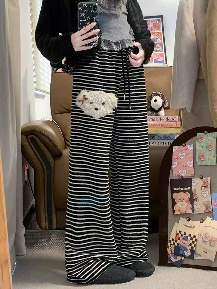 لطيف شعر جرو بنطال ذو قصة أرجل واسعة النساء الشتاء فضفاض الرباط سراويل تقليدية Y2K عالية الخصر شريط كل مباراة بنطلون مستقيم #6