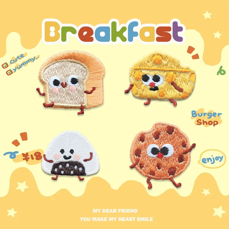 Cartoon Breakfast Embroidery Cookie Bread Cheese Rice Ball Patches For DIY Clothing Iron on Patch with Glue on The Back