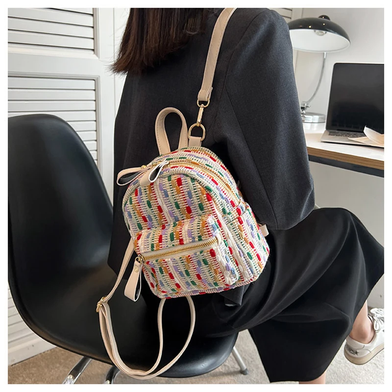 Women Backpack Rainbow Knitted Design School Backpacks For Girls School Bag Canvas Rucksack Travel Bags Soulder Bag Casual