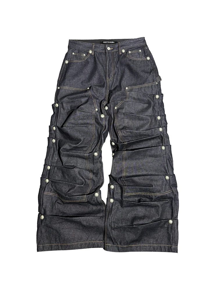RYE CHASIN Full-Length Denim Jeans Silver Rivets Logging Crew