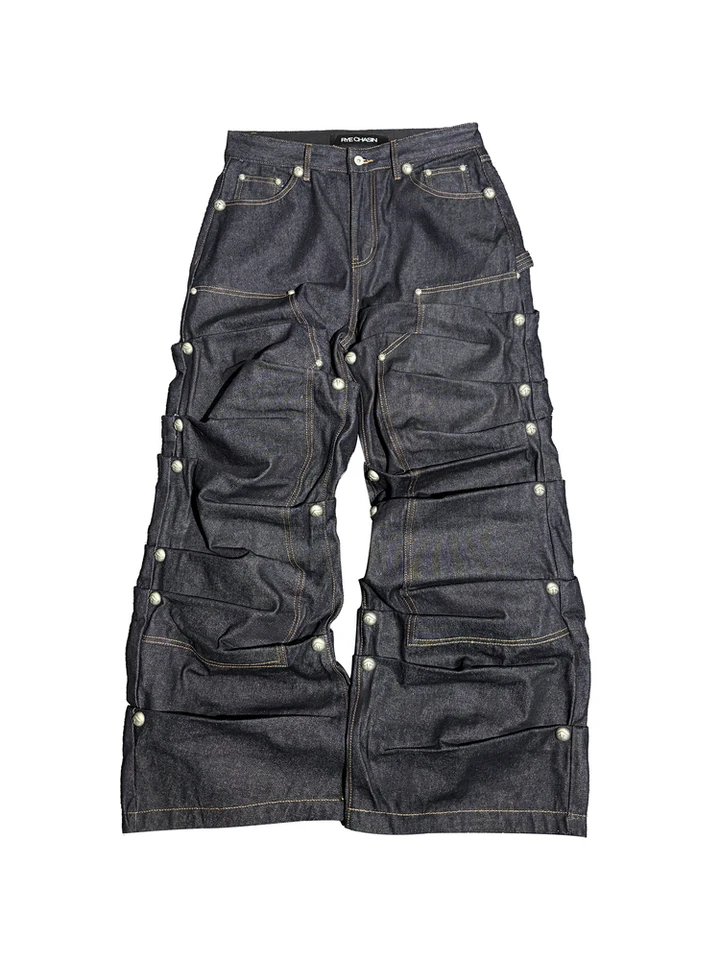 RYE CHASIN Full-Length Denim Jeans Silver Rivets Logging Crew