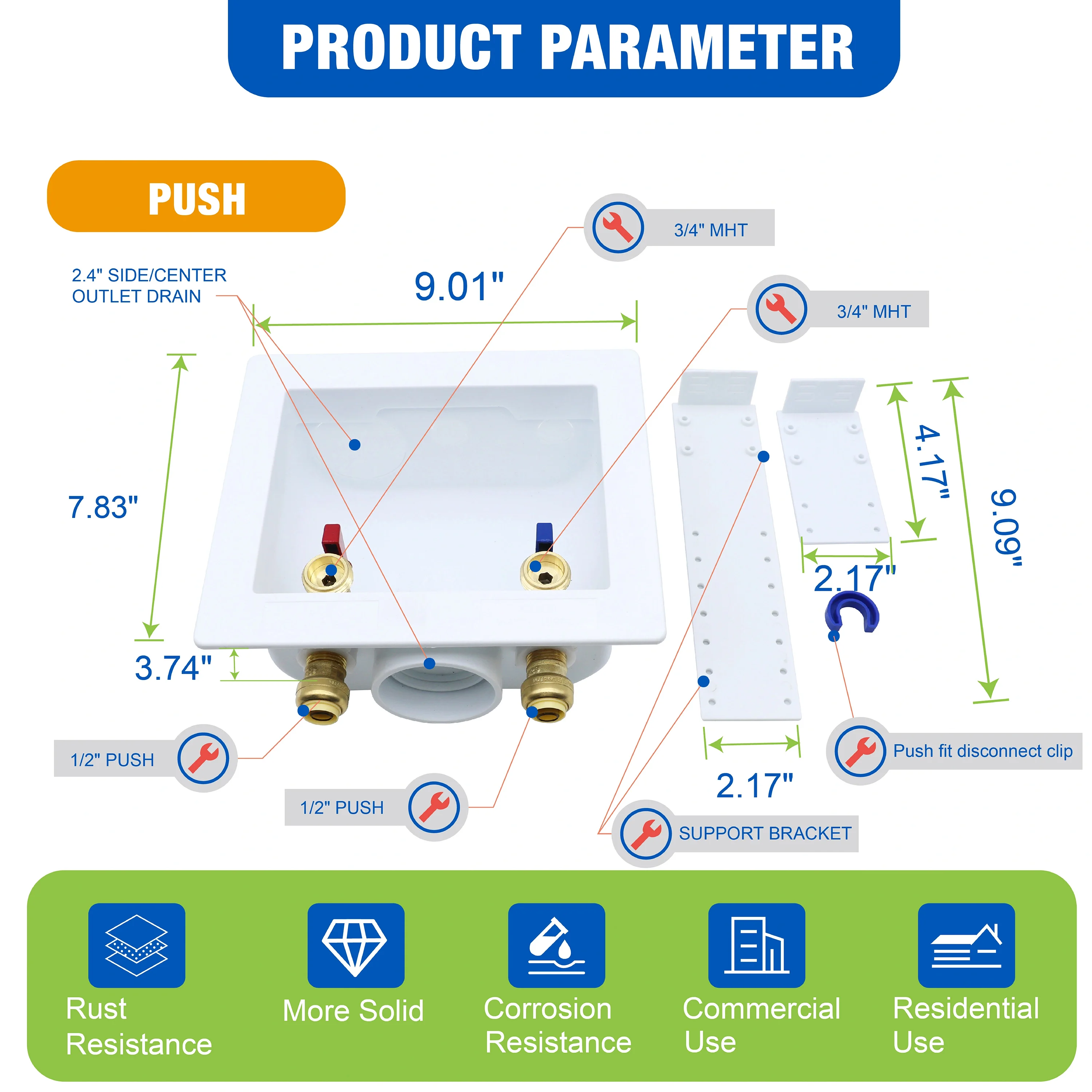 صندوق مخرج الغسالة KING SMART؛ توصيل مناسب للدفع 1/2 بوصة، مخرج MHT مقاس 3/4 بوصة، 1/4 دورة؛ 1 قطعة/علبة؛ 81212