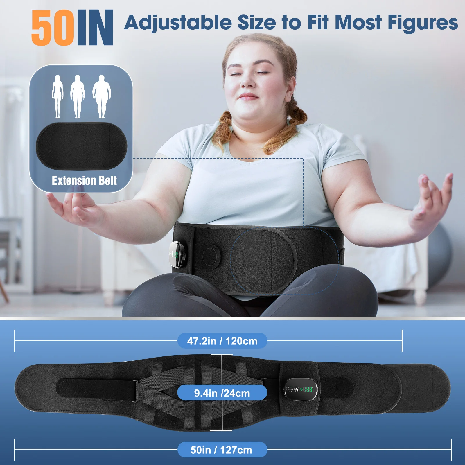 

Oversize 50in Heated Massage Support Brace Rechargeable Waist Massager Period Menstural Warming Belt Heating Pad Relax Muscle