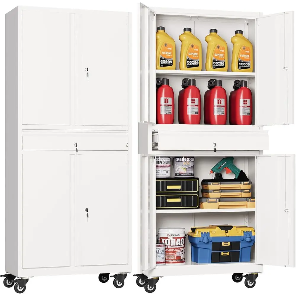 

Secure Steel Garage Storage Cabinet with Adjustable Shelves, Mobile Tool Chest for Workshop, Storage, and Home (White)