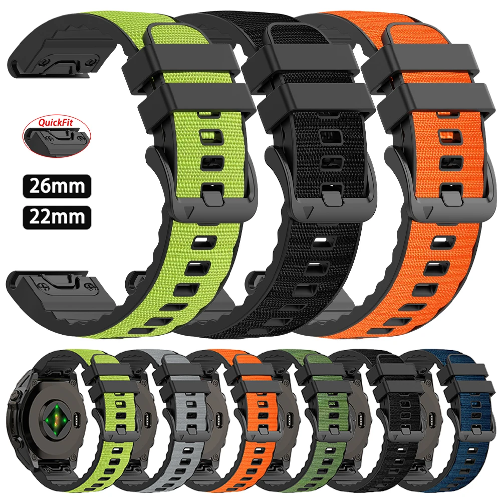 QuickFit 22 26 mm Nylon + Silikonarmband für Garmin Forerunner 970 965 955 Solar/Instinct 3/Fenix 8 7X Pro 6X 5X Armband