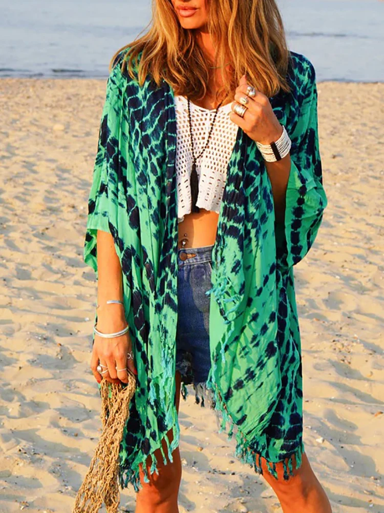 Batwing Sleeve Loose Casual Print Beach Top Summer Women Streetwear Holiday Cover Up V Neck Party Club Patchwork Tassel Outwear