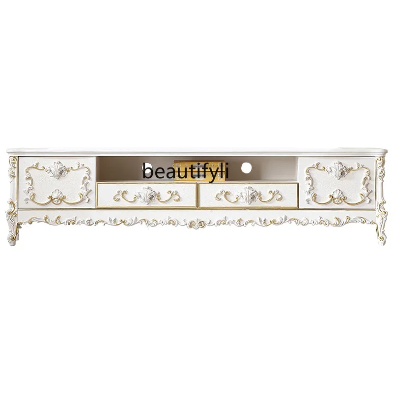 C French Cream Style TV Cabinet European Style Manual Painting Golden 2M Floor Cabinet Painted Solid Wood Locker