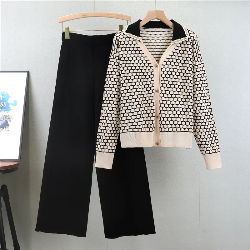 Autumn Winter Women Long Sleeve Contrast Color V Neck Pullover Sweater High Waist Loose Wide Leg Pants Knit Two Piece Set