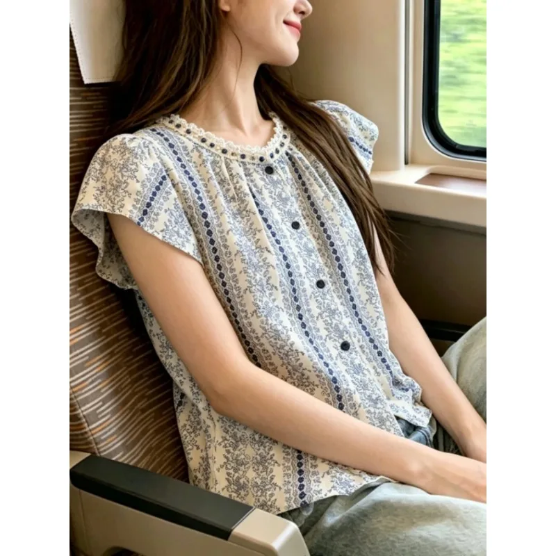 Women French Retro Floral Print Blouse Summer Loose Flying Sleeve Casual Versatile Slim Fit Shirt