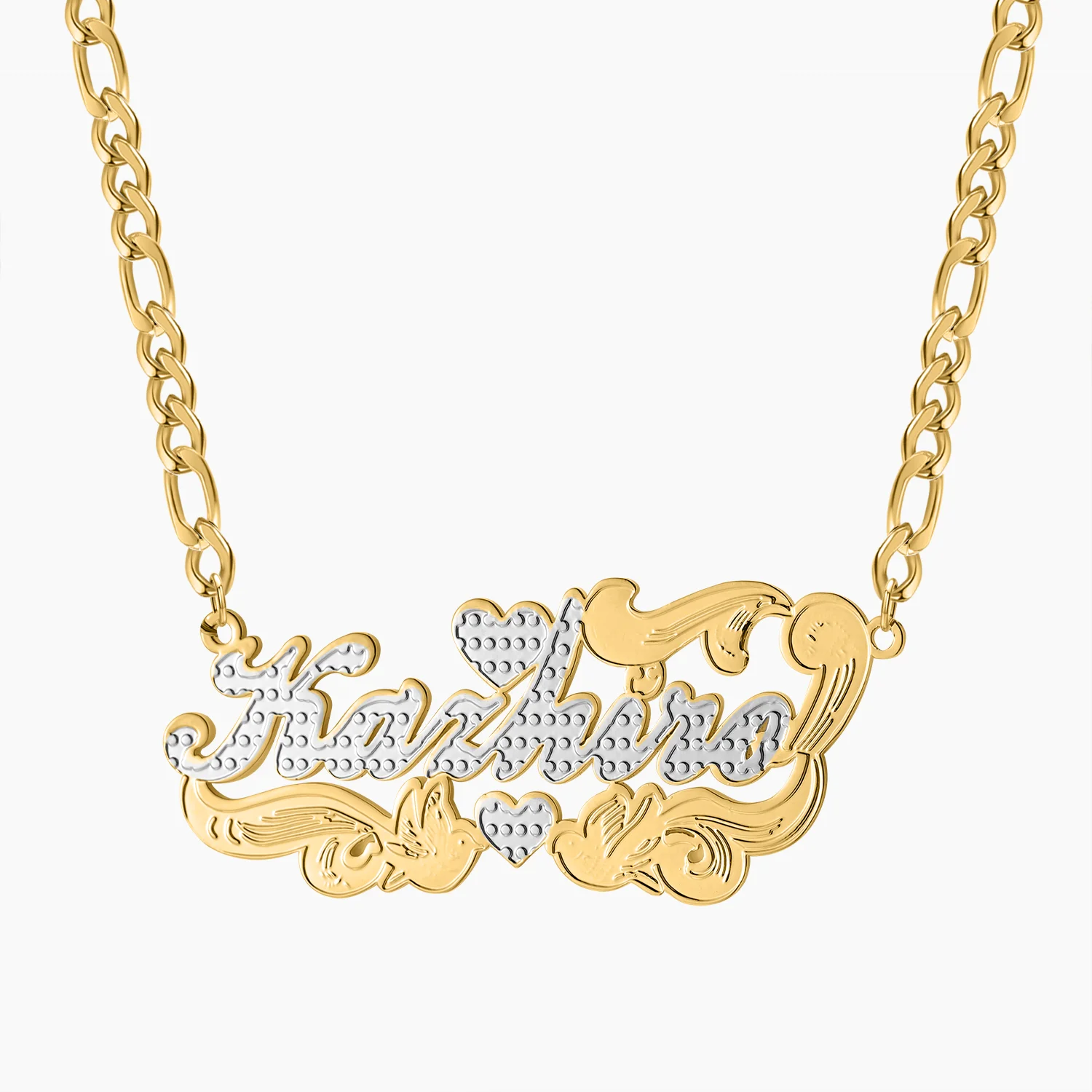 Zciti individuelle Namenskette, 18 Karat Gold, zweifarbig, Gold, personalisierter Schmuck, Edelstahl-Halsketten, Doppelplatte, 3D-Namensschild, Geschenk – Detail 4