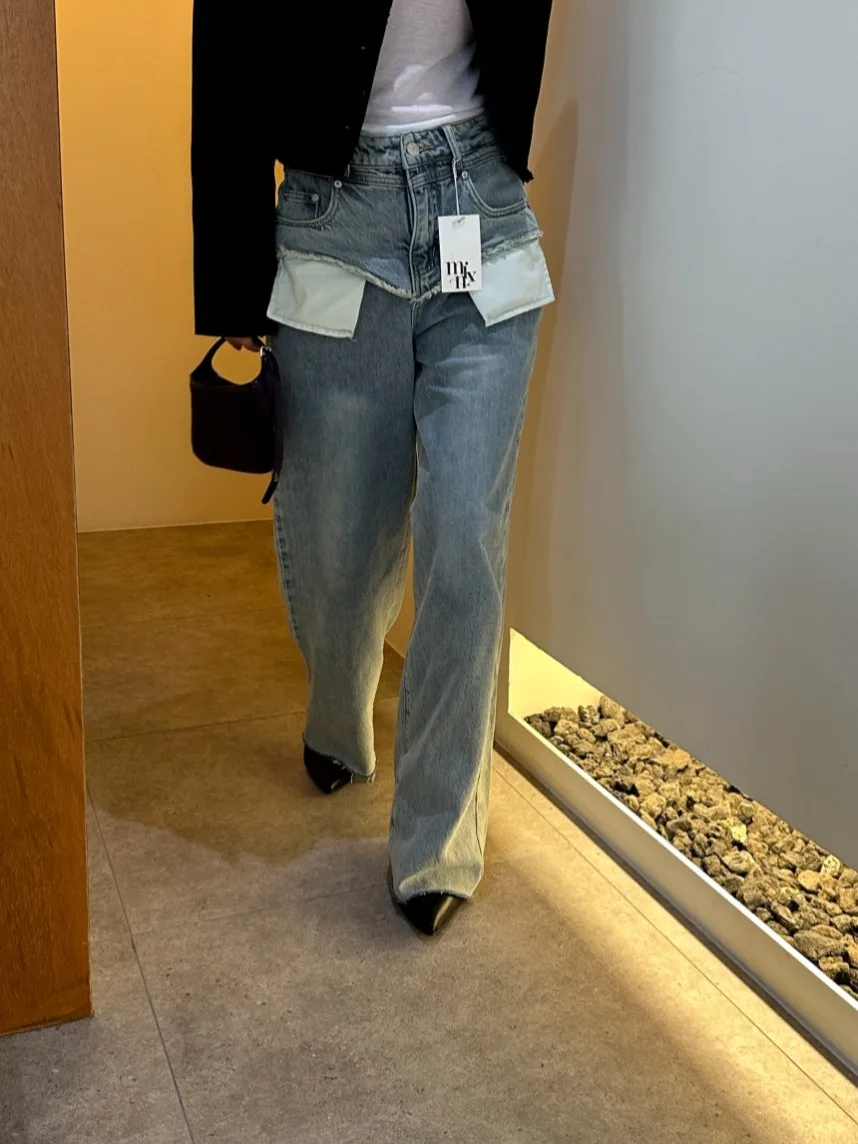 

Women's High Waist Wide Leg Jeans Double ket Simple Versatile Chic Design Retro Casual Floor-Length Pants