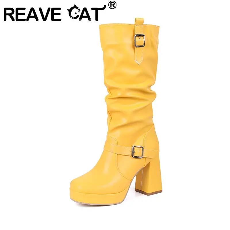 REAVE CAT Blue Women Mid Calf Boots Square Toe 10cm Block Heel 2.5cm Platform Slip On Pleated Plus Size 47 48 49 50 Dating Botas