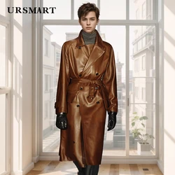 High quality men's leather trench coat long knee length double breasted British fashion brown sheepskin windbreaker for men