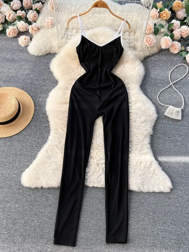 Foamlina Fashion Women's Jumpsuit Sexy Spaghetti Strap V-neck Sleeveless Backless Slim Bodycon Long Rompers Casual Streetwear