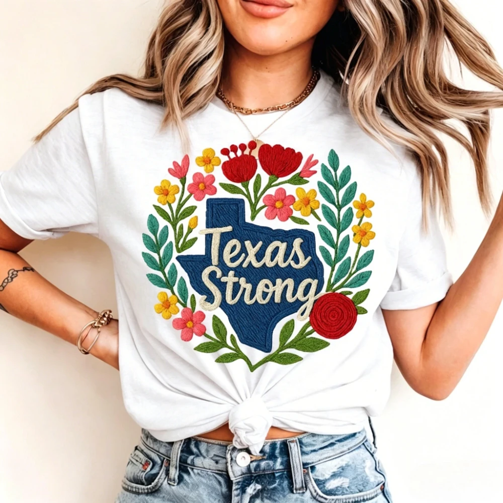 Girly Texas Strong Faux Embroidered Printed Shirt Preppy Floral State of Texas Tshirt Women Fashion Casual Daily Life Cotton Top
