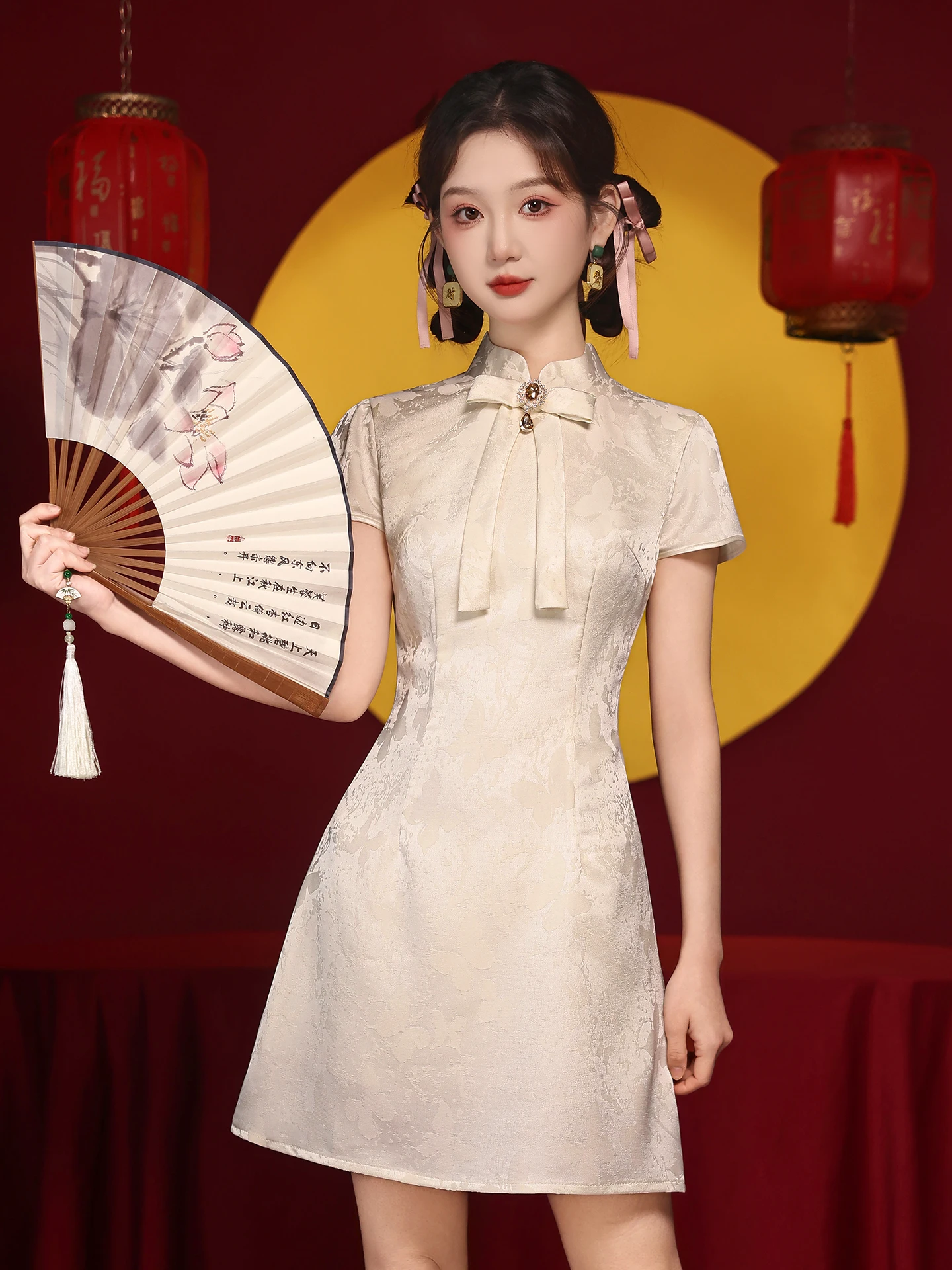 

Новое женское летнее платье в китайском стиле цвета шампань с узлом, короткое, для повседневной носки, национальный костюм, красивое короткое платье