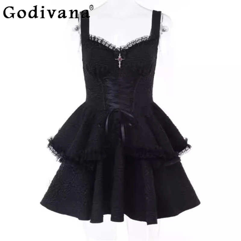 다크 고딕 스트랩 드레스 여성용 일본 스타일 허리 슬림핏 로리타 케이크 드레스 여성 여름 블랙 숏 로리타 드레스