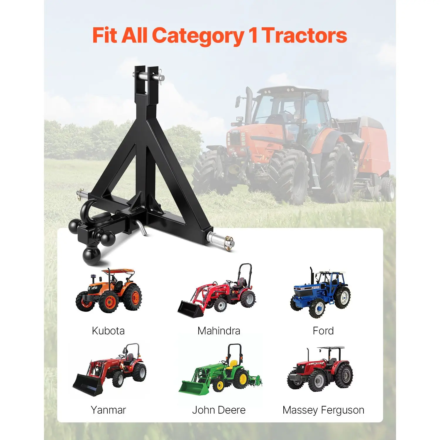 3 Point Trailer Hitch 2 in Receiver, 3pt Quick Hitch Attachment with 3 Trailer Balls, Tractor Tow Drawbar Adapter, Compatible wi