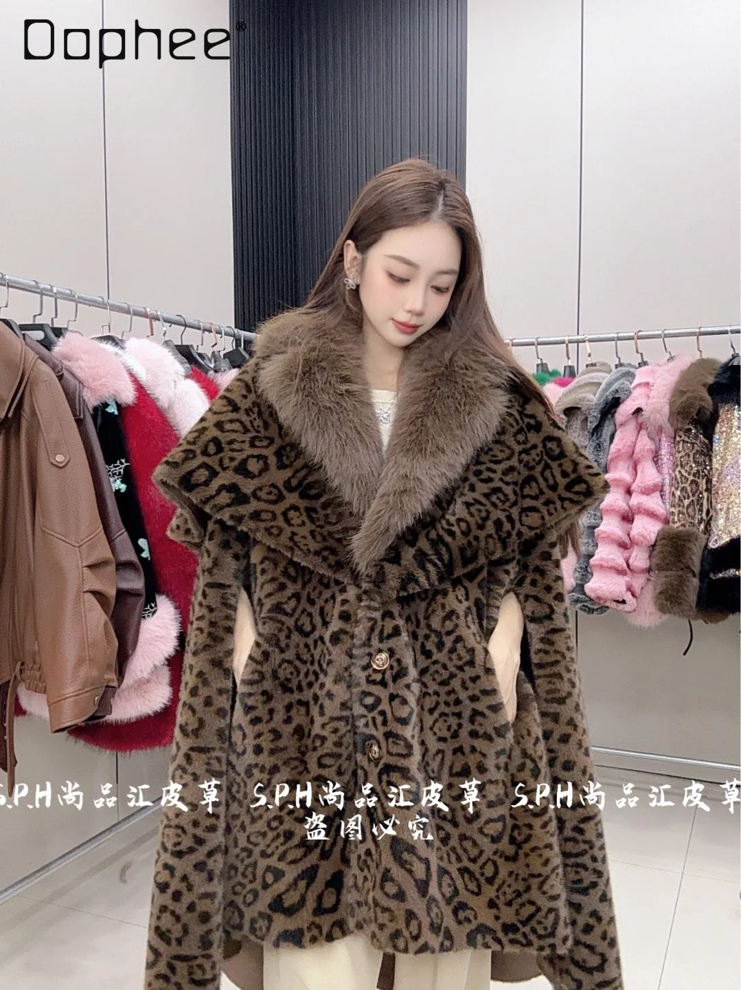 Jacket Leopard Print Cape Fur Collar Patchwork Warm Mid-length Faux Fur Coats Winter Clothes Women 2025 Fashion Jacket
