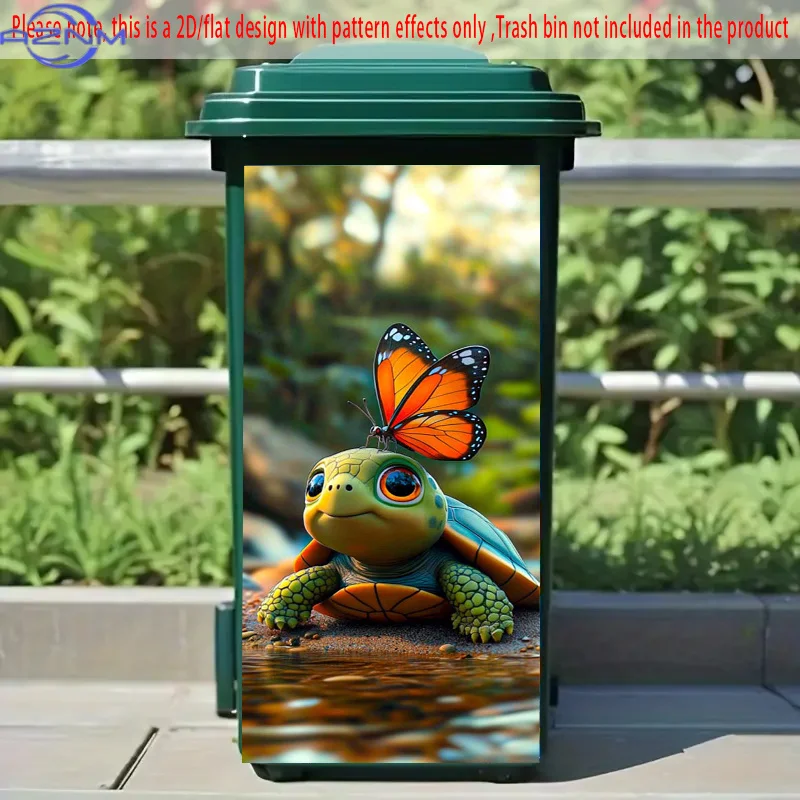 Turtle with Butterfly Pattern Self-Adhesive Dustbin Stickers, PVC Trash Can Decorative Stickers, Wheelie Bin Stickers,  Suitab