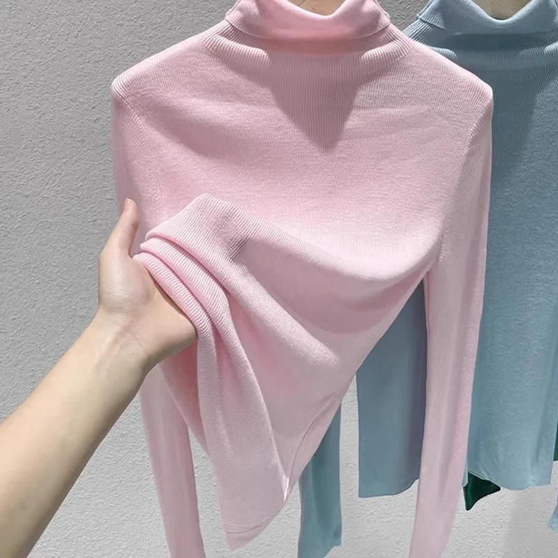 

Pink High Collar Knitted Sweater Women's Autumn Winter Slim Fit Base Layer irt Long Sve Top Korean Sle Commute Faion