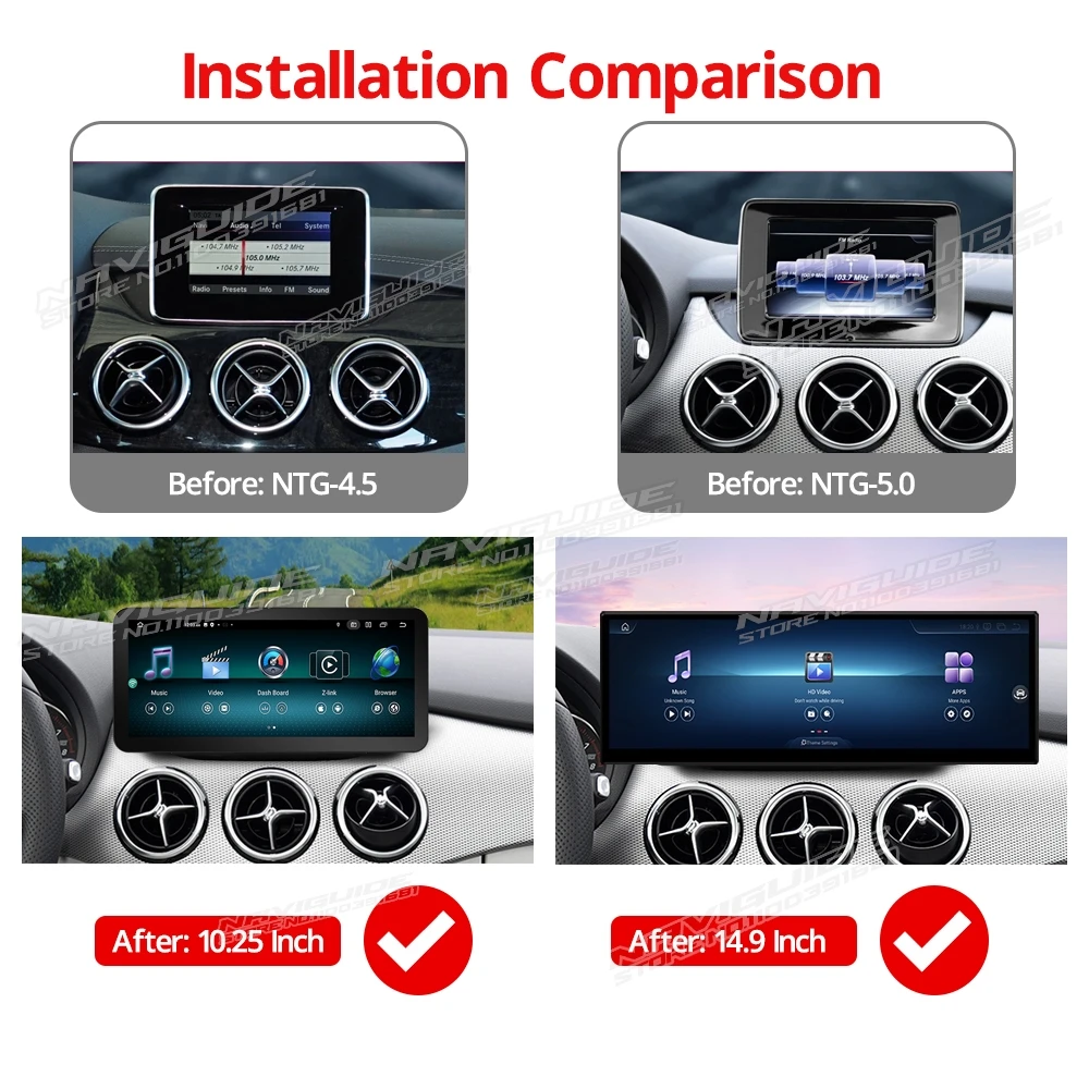 NAVIGUIDE 10.25'' 14.9'' Android 8+128G For Mercedes B Class W246 LHD 2013-2018 Carplay Auto Multimedia Player GPS Navi Headunit