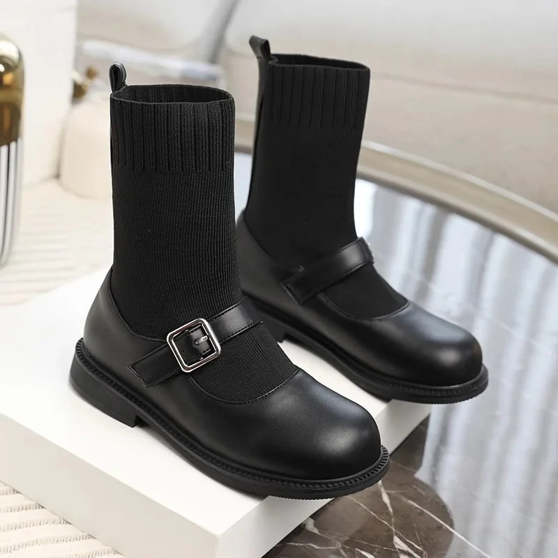 New Girls Boots Children Sock Shoes Baby Soft Sole Casual Cowhide French Outdoor Ankle Boots Kids Genuine Leather Performances