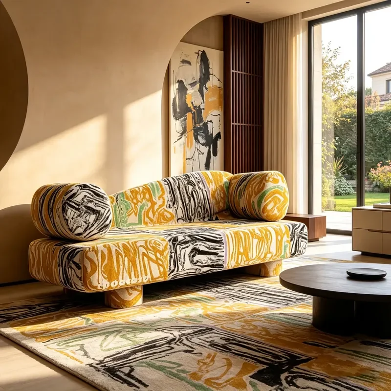 Curved Sofa with High Density Foam Cushion Abstract Graffiti Pattern Modern Fabric Sofa for Living Room Home Decoration