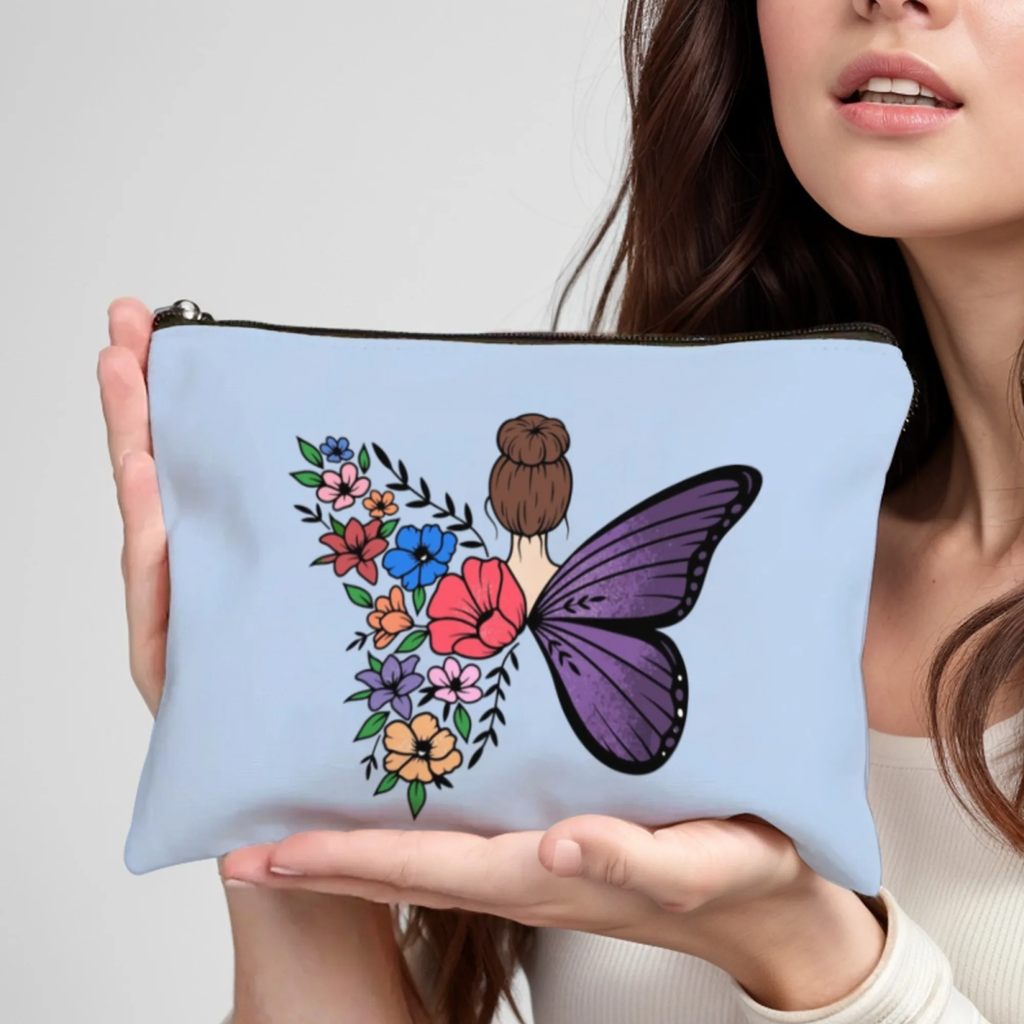 

Портативная косметичка с цветочным принтом феи, фиолетовая сумка на молнии с крыльями бабочки, органайзер для косметических аксессуаров, дорожная косметичка для женщин