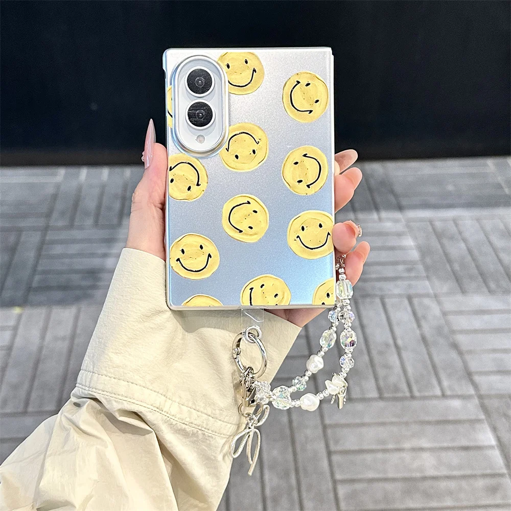 New Korean Cute Cartoon Yellow Phone case for Samsung Galaxy Z Fold 8 Ultra Z Fold 8 PC Smile face Shockproof Cover Stand Chain
