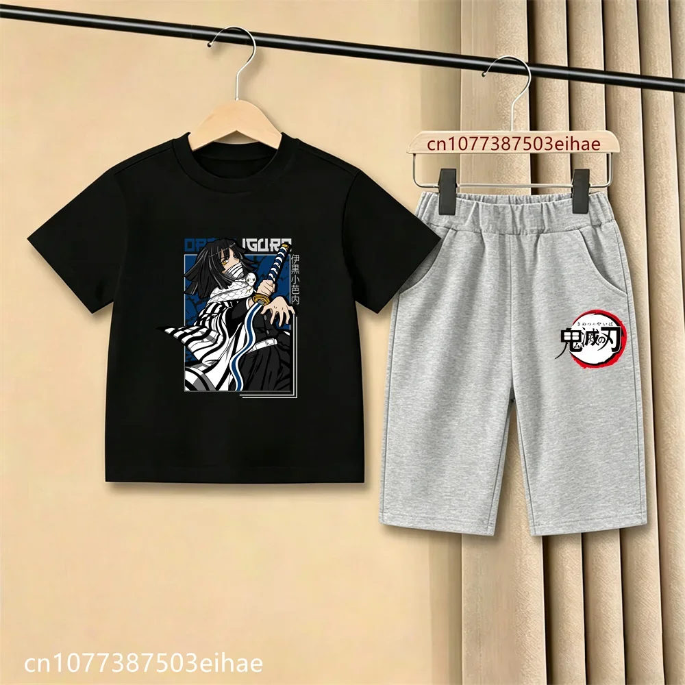 2026 Little Kids Demon Slayer Kimetsu No Yaiba Print Tee Casual Shorts Ghost Blade Design Summer Wear Anime Cartoon Outfit Set