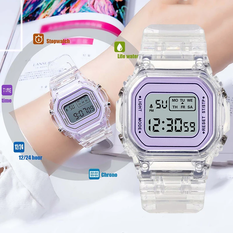 

Fashion Digital Watch for Women Men Sport LED Electronic Watch Transparent Silicone Strap Simple Casual Ladies Watch reloj mujer