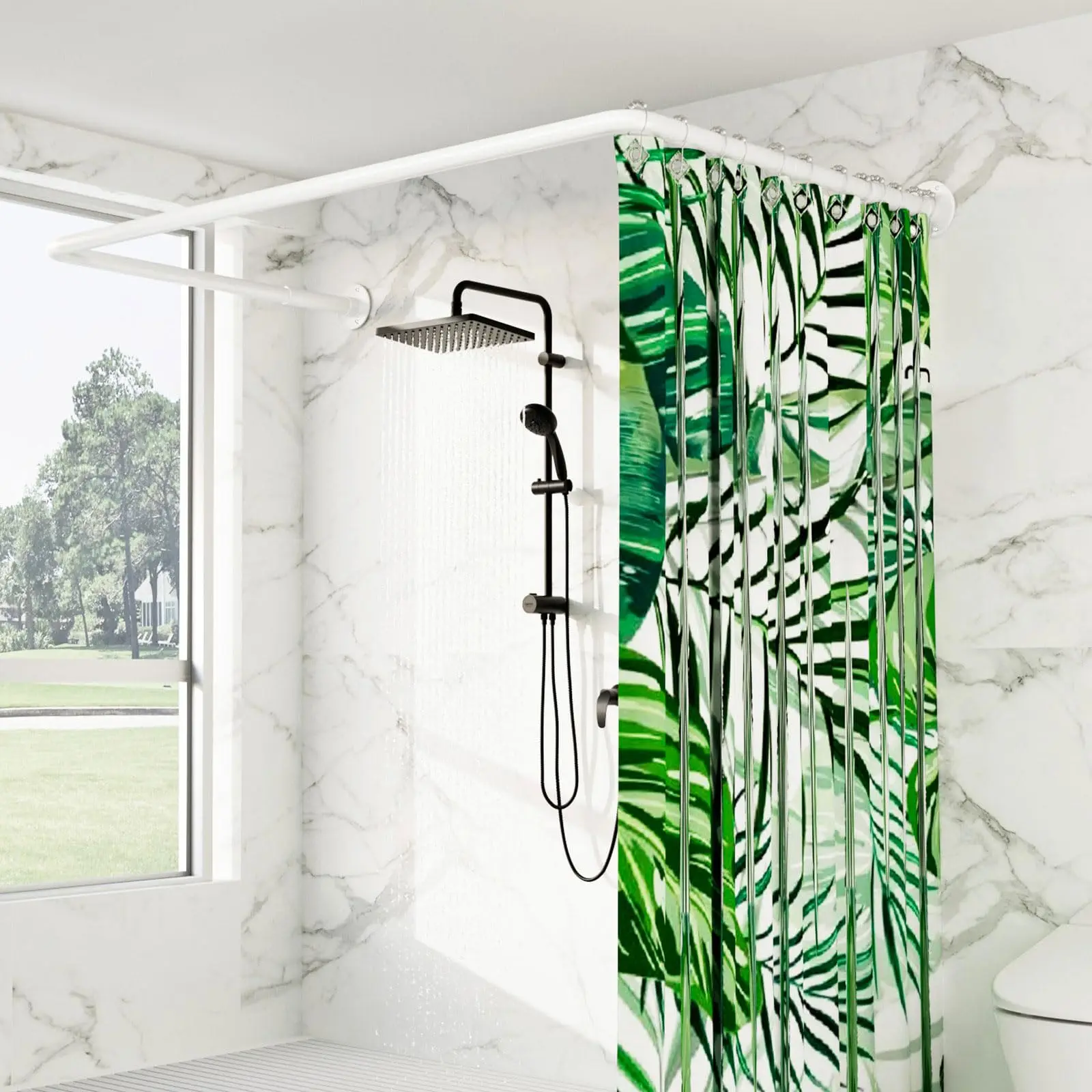 

U Shaped Adjustable Shower Curtain Rod For Bathroom Bathtub With Ceiling Support And 12 Hooks
