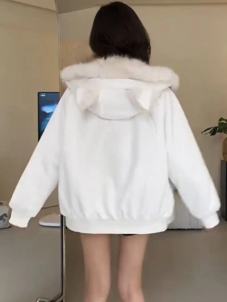 

Зимнее новое модное элегантное меховое свободное пальто для женщин Y2k с меховым воротником и капюшоном, толстые теплые парки в стиле Харадзюку, повседневная винтажная верхняя одежда, куртки