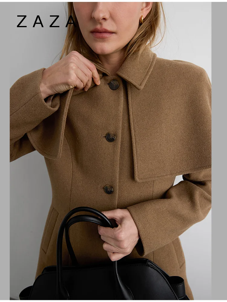 Zaza شيك شال سترة صوفية للنساء كم طويل واحدة الصدر التلبيب معطف الرأس 2025 جديد سيدة الخريف الشتاء أبلى