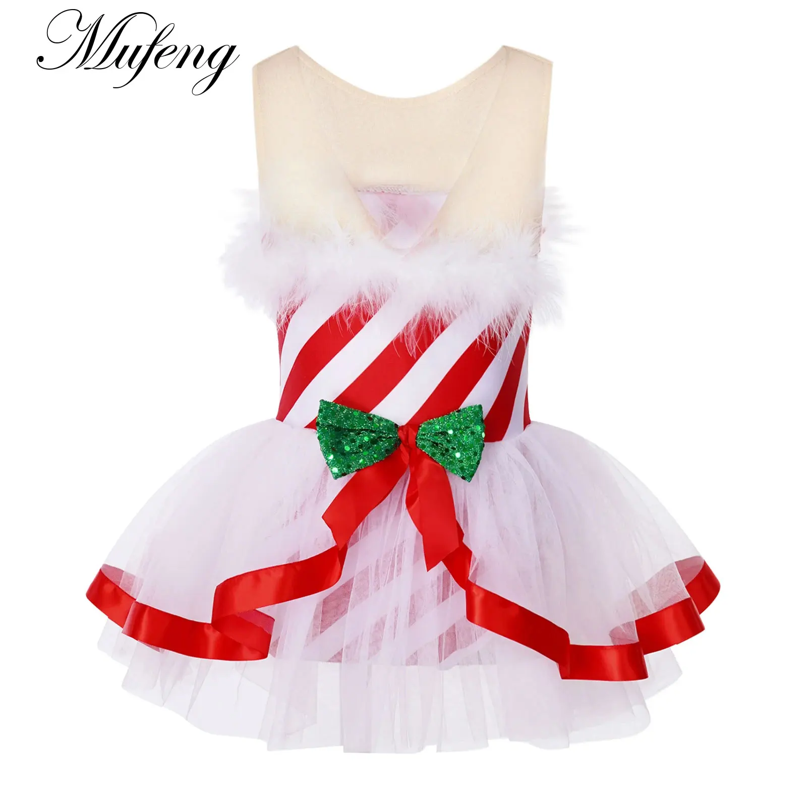 

Kids Girls Fluffye Tutu Ballet Dancewear Candy Cane Christmas Costume Pageant Party Figure Ice Skating Gymnastic Leotard Dress