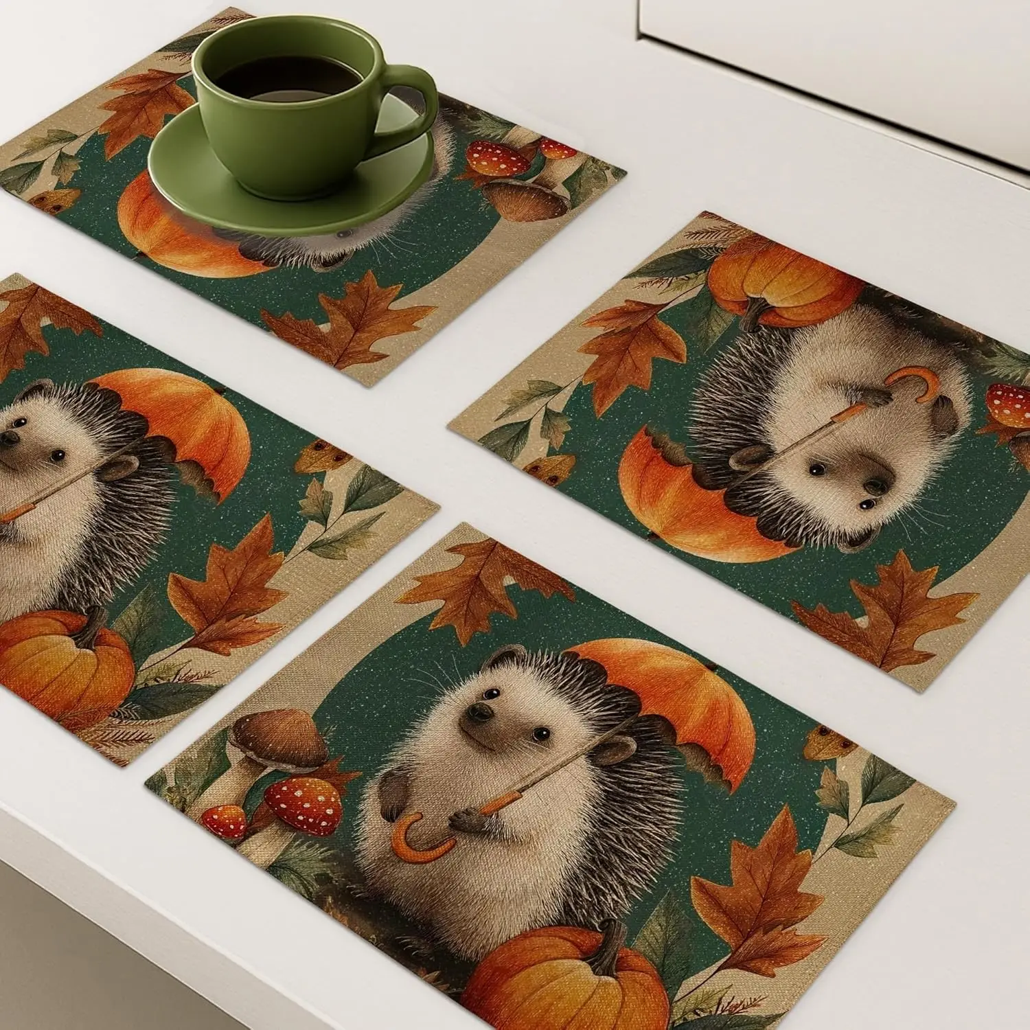 

Autumn Hedgehog Placemats Orange Cute Animal Decorative Place mats for Dining Table, Non-Slip Washable Indoor Party Set of 4