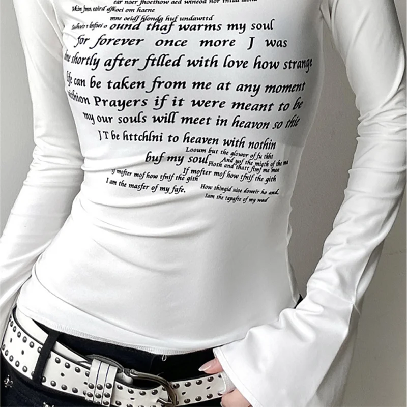 Women's Slim Fit Long Sleeve T Shirt White Round Neck Letter Print Flare Cuff Ruched Cropped Casual Daily Streetwear Tops