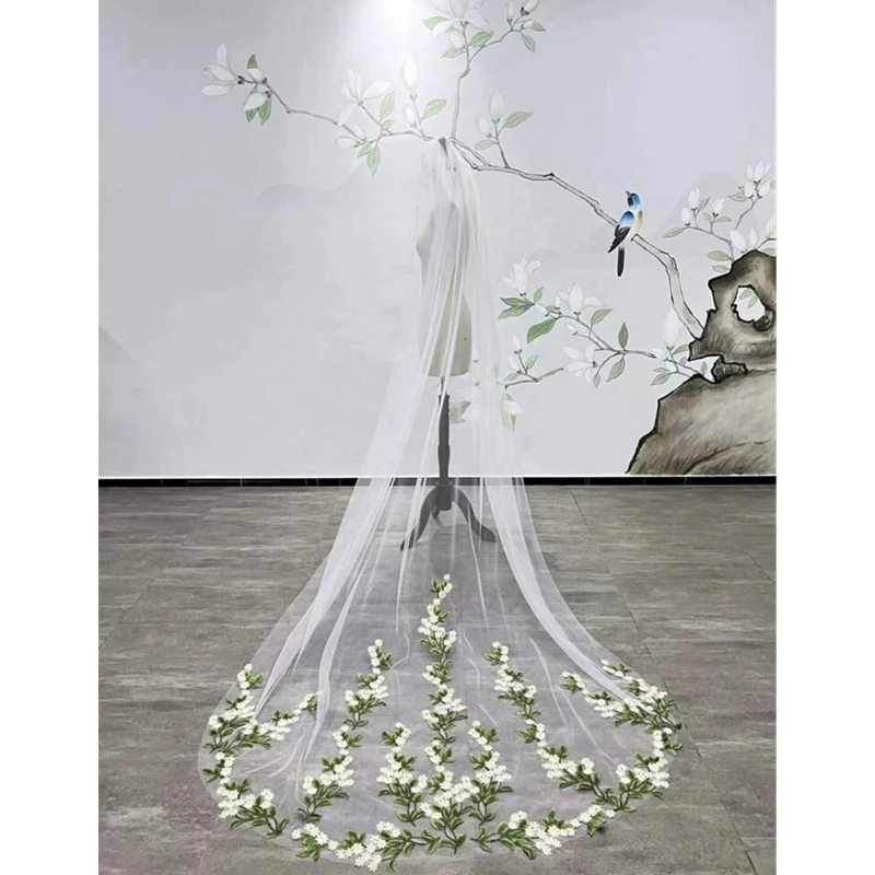 Floral Green Leaves Bridal Wedding Veils Tulle White Yellow Embroidered Lace Flowers Single Layer With Comb Catholic Ivory Long