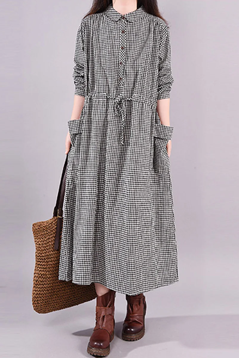 Classic Plaid Dress Polo Collar Long-sleeved Cotton and Linen Dress Autumn Belt A Line Retro Mid-length Dress Vestidos Women\'s