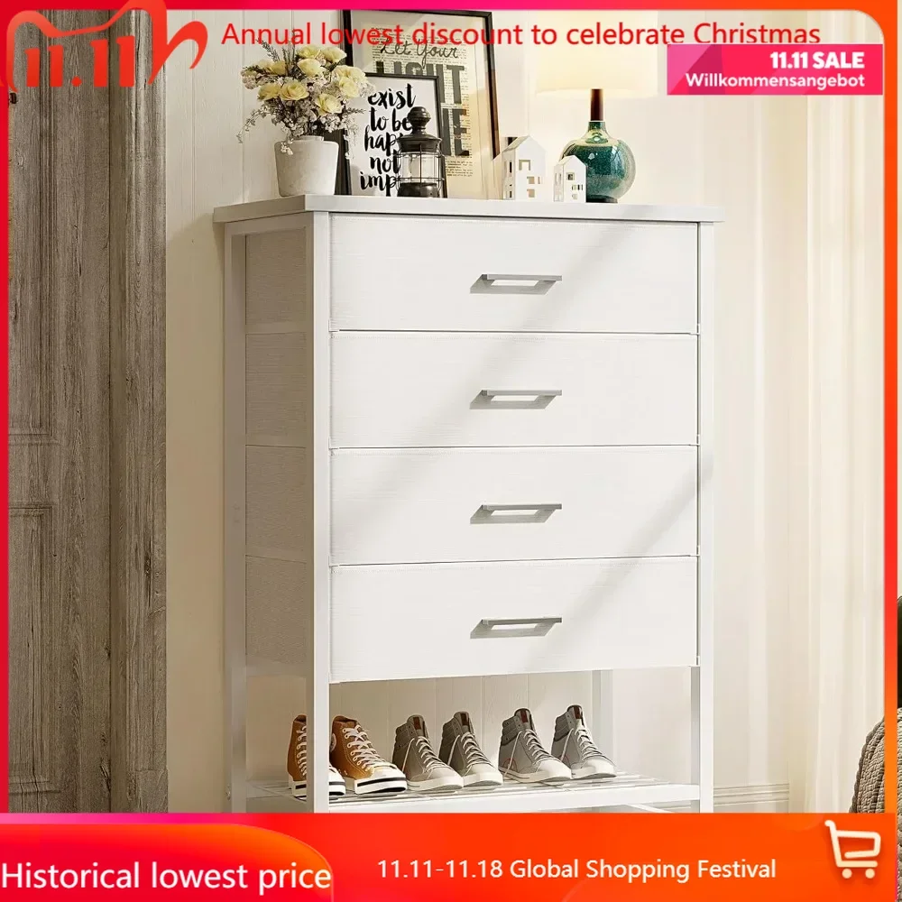 

White Dresser for Bedroom Dresser for Closet with 4 Drawers and Shelf Storage, Dressers & Chests of Drawers Fabric Dresser for K