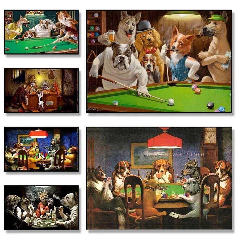 Funny Animal Dogs Playing Poker Playing Billiard Canvas Painting Posters Print Abstract Wall Art Pictures Living Room Home Decor